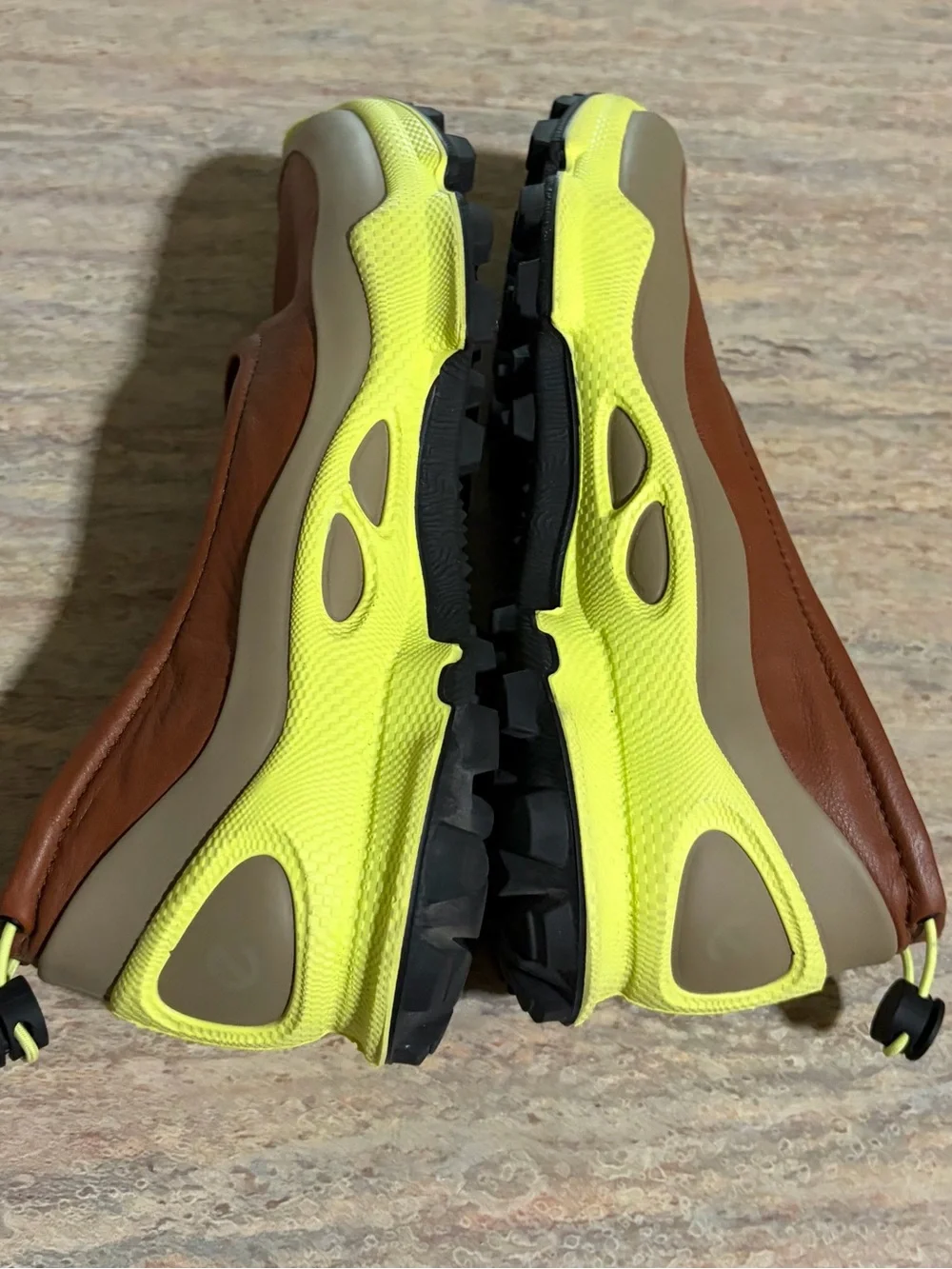 Ecco Biom Natural Motion Brown Leather Slip-On Sneakers with Neon Yellow Accents
